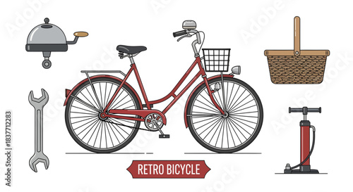 Retro red bicycle set with vintage accessories. Vector art featuring a classic bike, bell, wicker basket, repair wrench, and hand pump