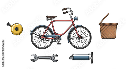 Retro bicycle, classic cycling accessories, and essential repair tools vector collection. Flat design illustration perfect for vintage transportation and hobby concepts