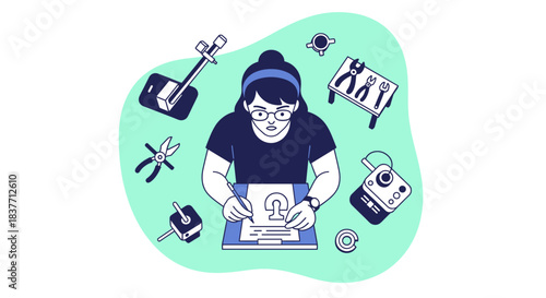 Female engineer working on blueprint with tools on desk. Flat vector illustration of woman technician designing or repairing electronics in workspace with pliers and equipment.