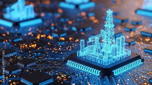 Digital representation of an oil drilling rig structure glowing blue on a microchip, symbolizing digital transformation in the energy sector