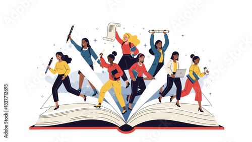 Illustration of diverse group of people celebrating success with books white
