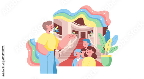 Tour guide showing historical building interior to group of tourists. Flat vector illustration of museum guide pointing at palace hall with red carpet during sightseeing trip.