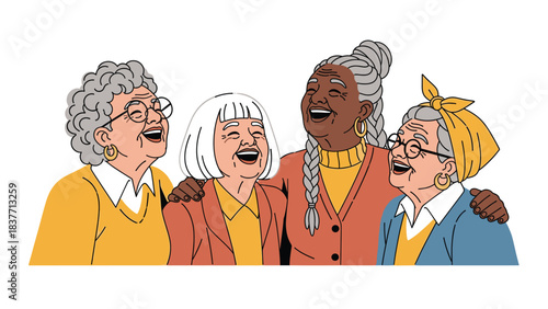 Illustration of four elderly women laughing together