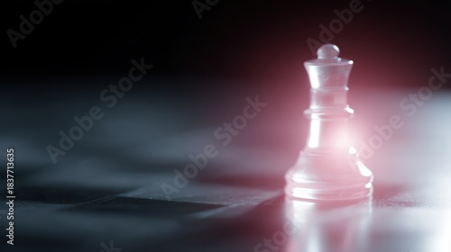A symbolic chess piece glowing strongly on a digital board representing strategy and leadership