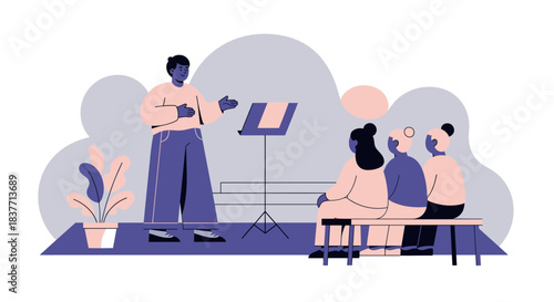 Choir conductor leading singing rehearsal with group of women. Flat vector illustration of vocal teacher instructing students near music stand during music class practice.