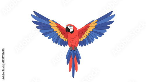 Vibrant tropical parrot with outstretched wings soaring dynamically, showcasing a beautiful display of red, blue, and yellow feathers in a captivating illustration