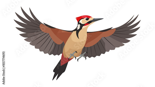 Vibrant red-crowned woodpecker in dynamic flight, showcasing its beautiful wings spread wide against a clean background, a symbol of nature's avian grace and movement