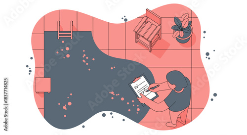 Male worker inspecting dirty swimming pool with checklist. Top view flat vector illustration of maintenance service man checking water quality or cleaning schedule in backyard.