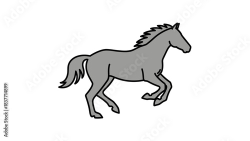 A simple line art drawing of a grey horse with a black outline, depicted in a dynamic trotting pose.