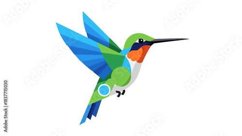 Vibrant abstract geometric hummingbird illustration with a modern, stylized design, showcasing brilliant colors and the agility of wildlife, perfect for nature-inspired branding or digital art