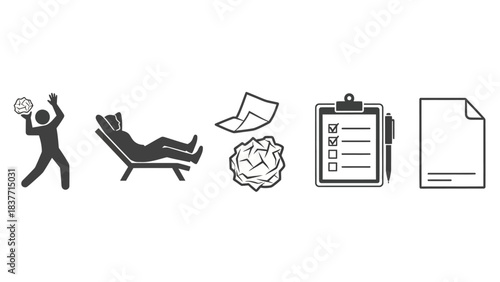 A collection of diverse black and white icons depicting sports, relaxation, and document-related tasks.