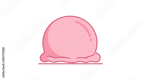 A simple, minimalist illustration of a single pink ice cream scoop melting slightly on a white background.