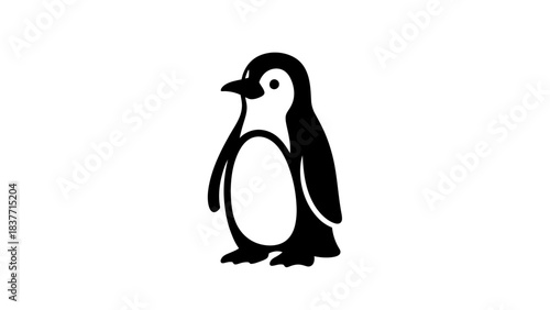 A simple black and white illustration of a standing penguin with a white belly and black back.