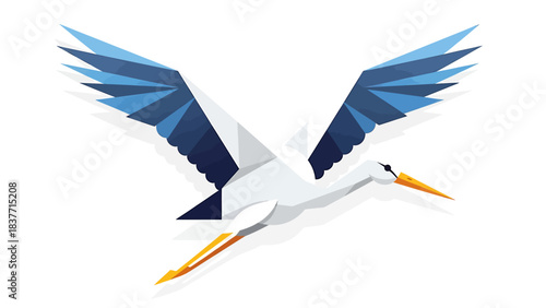 Modern vector illustration of a geometric flying bird, a stylized heron or stork in graceful flight with abstract blue wings, symbolizing progress, digital freedom, and swift communication