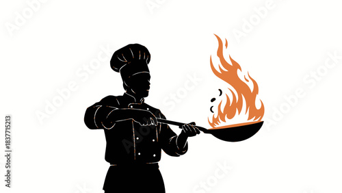 A silhouette of a professional chef cooking with a wok, with flames rising from the pan, showcasing culinary skill.