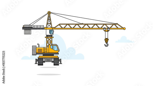 Yellow construction crane with hook lifting a load against a cloudy sky, engineering and industry illustration