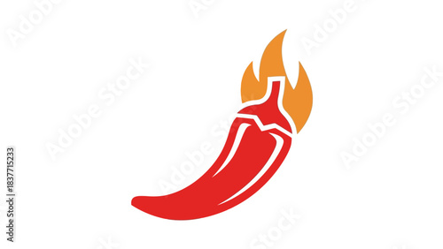A vibrant red chili pepper with orange flames rising from its top, symbolizing heat and spice.