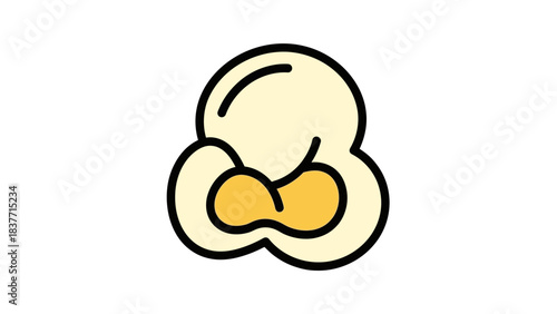 A simple, stylized cartoon drawing of a single piece of popped popcorn with a black outline on a white background.