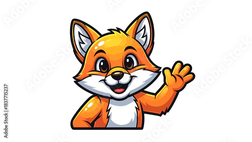 Cute anthropomorphic cartoon fox waving hello with a friendly expression, perfect for playful branding and children's content