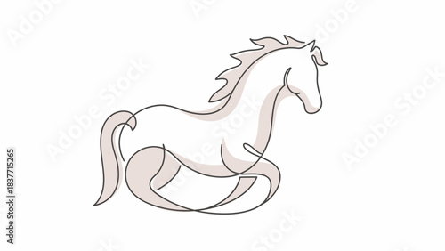 Elegant continuous line art drawing of a rocking horse with subtle beige shading on a white background.