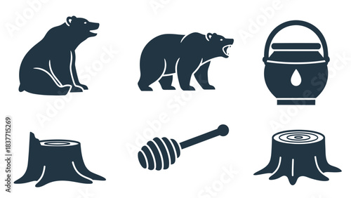 Vector icons of bears, honey, and tree stumps representing forest wildlife and nature.