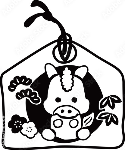 午年の絵馬白黒イラスト　
2026年賀状におすすめのかわいい干支のシルエット線画素材
