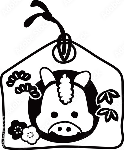 午年の絵馬白黒イラスト　
2026年賀状におすすめのかわいい干支のシルエット線画素材
