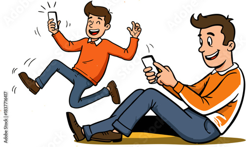 Cheerful men enjoying smartphones one jumping with joy, the other relaxing while browsing
