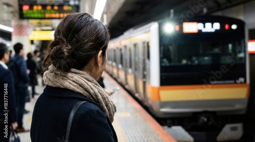 Woman waiting for train arrival at subway station platform with arriving transport vehicle in city, urban commuting concept.