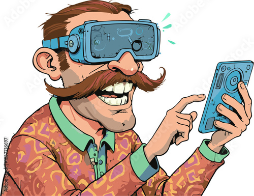 Man with mustache wearing virtual reality headset, looking at smartphone with excitement and a wide smile