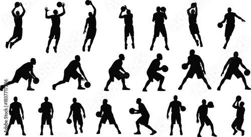 Silhouettes of basketball players performing various action moves including dribbling, shooting, jumping, and passing on white background for sports design projects