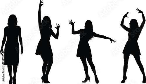 Silhouettes of women dancing and posing in various expressive movements wearing dresses and heels on a white background for creative design use