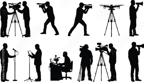 Silhouettes of media professionals with cameras, microphones, drones, and equipment performing filming, broadcasting, directing, and journalism tasks on white background