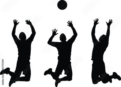 Dynamic silhouette of volleyball players jumping high reaching for ball in competitive sports action isolated on white background illustration