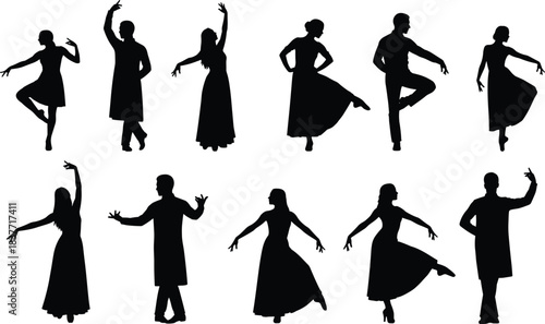 Elegant male and female dancer silhouettes performing various cultural dance poses, artistic movement illustration set for choreography, performance and creative design