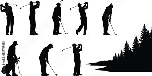 Golfer silhouettes performing swing, putting, and driving actions on golf course, professional golf player poses, outdoor sports illustration collection