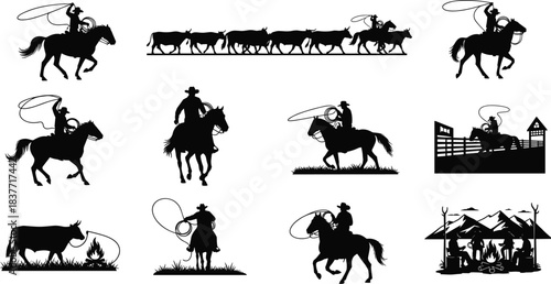 Western cowboy silhouettes riding horses, cattle herding and roping scenes, ranch life artwork, vintage wild west illustration collection