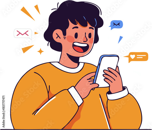A cheerful young individual happily engaging with their mobile phone, receiving digital messages and social media notifications, showcasing modern online communication and interaction
