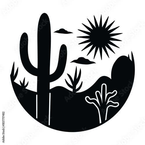 Cactus Desert Silhouette with Agave and Sun