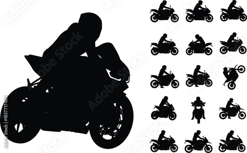 Silhouette collection of motorcycle riders performing various actions including sport bike racing, riding poses, stunts, wheelies, and motorcycling activities