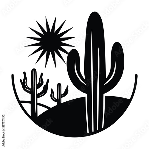 Cactus Desert Silhouette with Agave and Sun