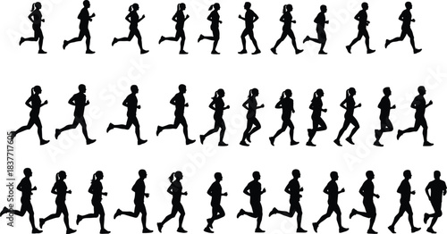 Silhouette collection of men and women running in various jogging poses showing fitness exercise, athletic movement, healthy lifestyle, and outdoor activity
