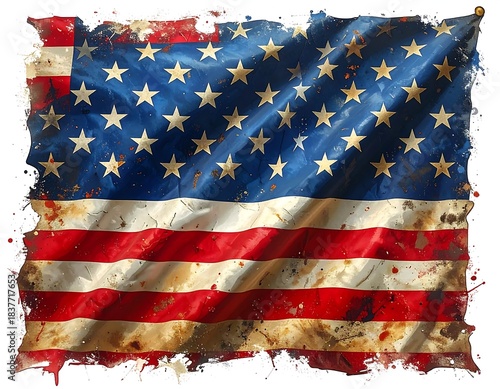Digitally painted American flag with distressed, artistic grunge effects