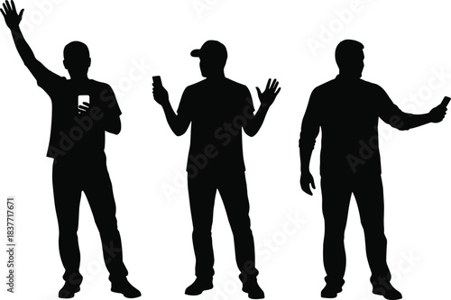 Silhouettes of three men using smartphones standing in different poses representing modern communication technology lifestyle digital interaction and mobile device usage concepts