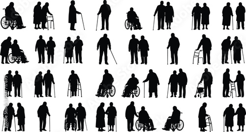 Silhouette collection of elderly people using wheelchairs canes and walkers representing senior mobility support aging care assistance and medical rehabilitation concepts