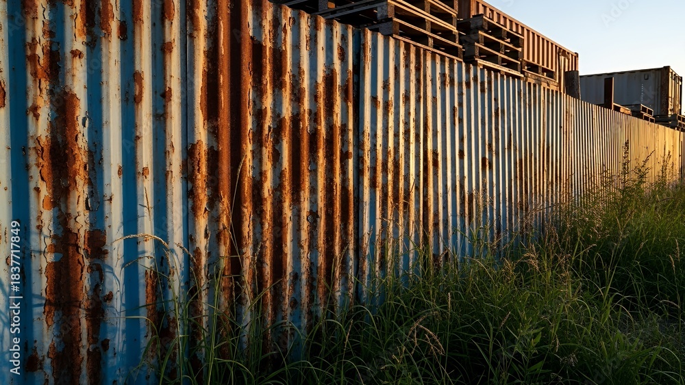 Fototapeta premium Close-up of a heavily rusted corrugated metal fence with tall green grass in the foreground under warm sunlight.