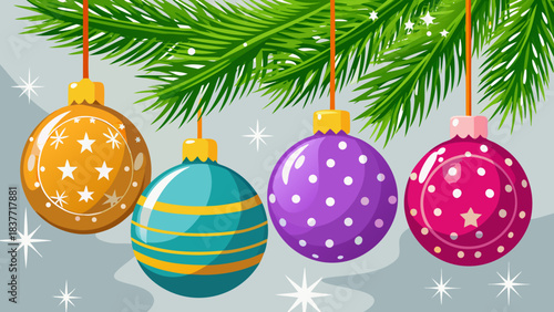 Colorful hanging Christmas baubles vector illustration under pine branches with stars and snowflakes — festive ornament in green, orange, purple, blue and red for seasonal background winter landscape 