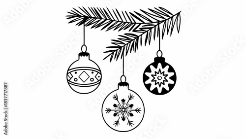 Colorful hanging Christmas baubles vector illustration under pine branches with stars and snowflakes — festive ornament in green, orange, purple, blue and red for seasonal background winter landscape 