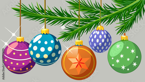 Colorful hanging Christmas baubles vector illustration under pine branches with stars and snowflakes — festive ornament in green, orange, purple, blue and red for seasonal background winter landscape 