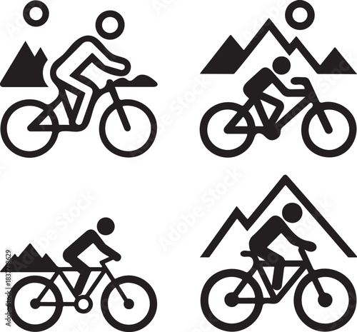 Four icons representing mountain biking and outdoor adventure